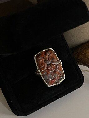 Vintage 925 Sterling Silver Intricately Carved Earthy Red Jasper Ring Sz 6